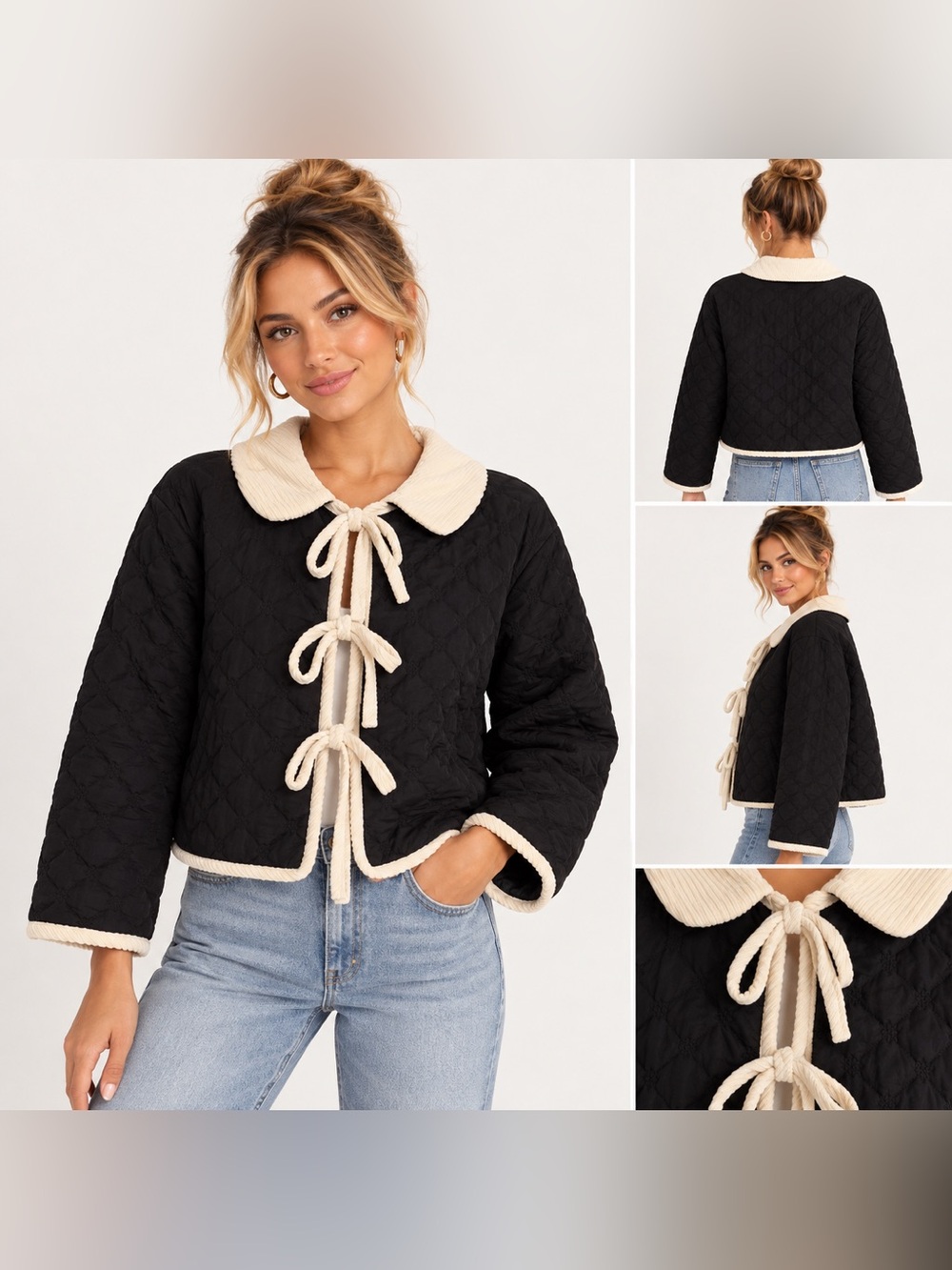 Cider Black Quilted Jacket with Cream Collar and Trim